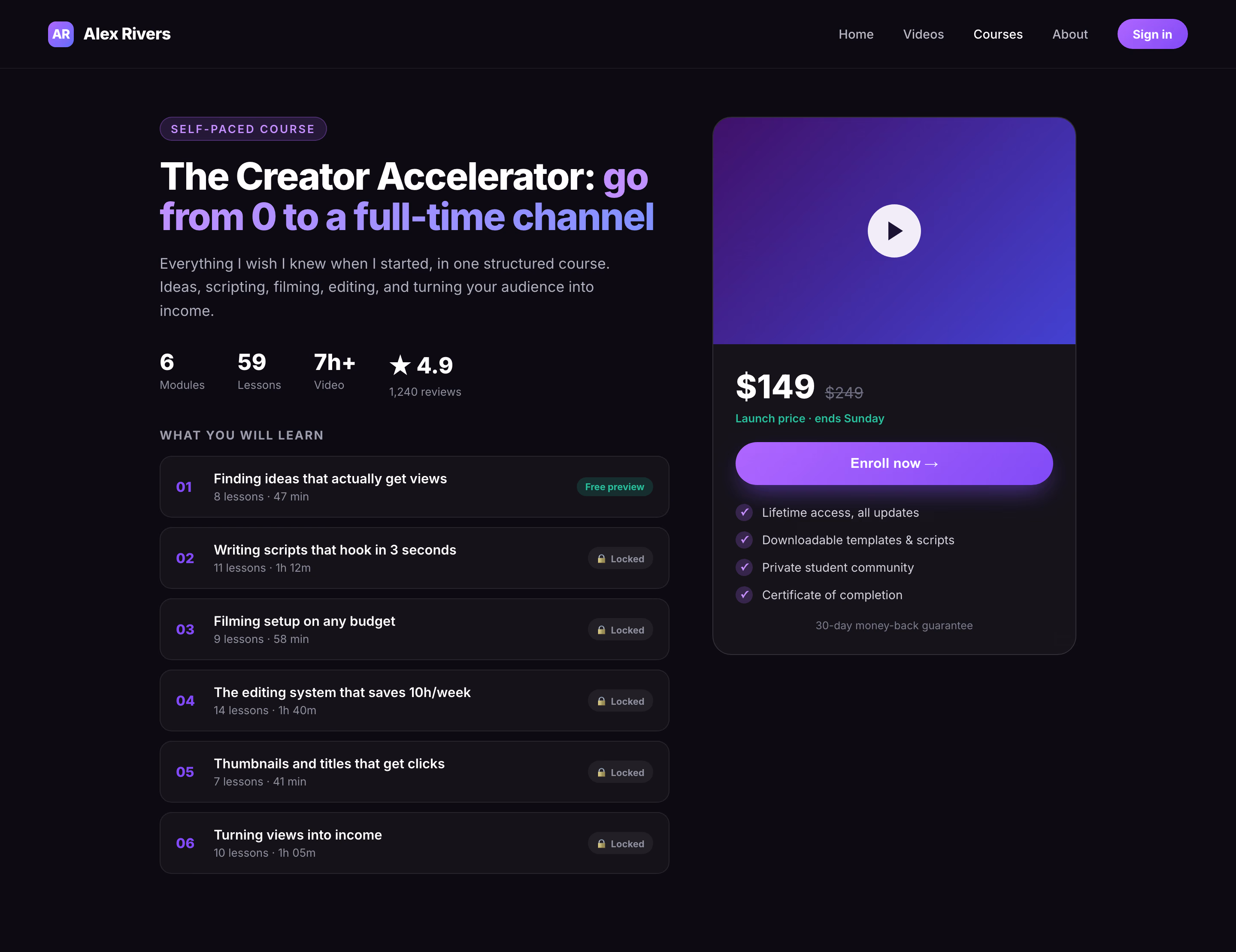 Example creator website selling an online course with pricing and curriculum