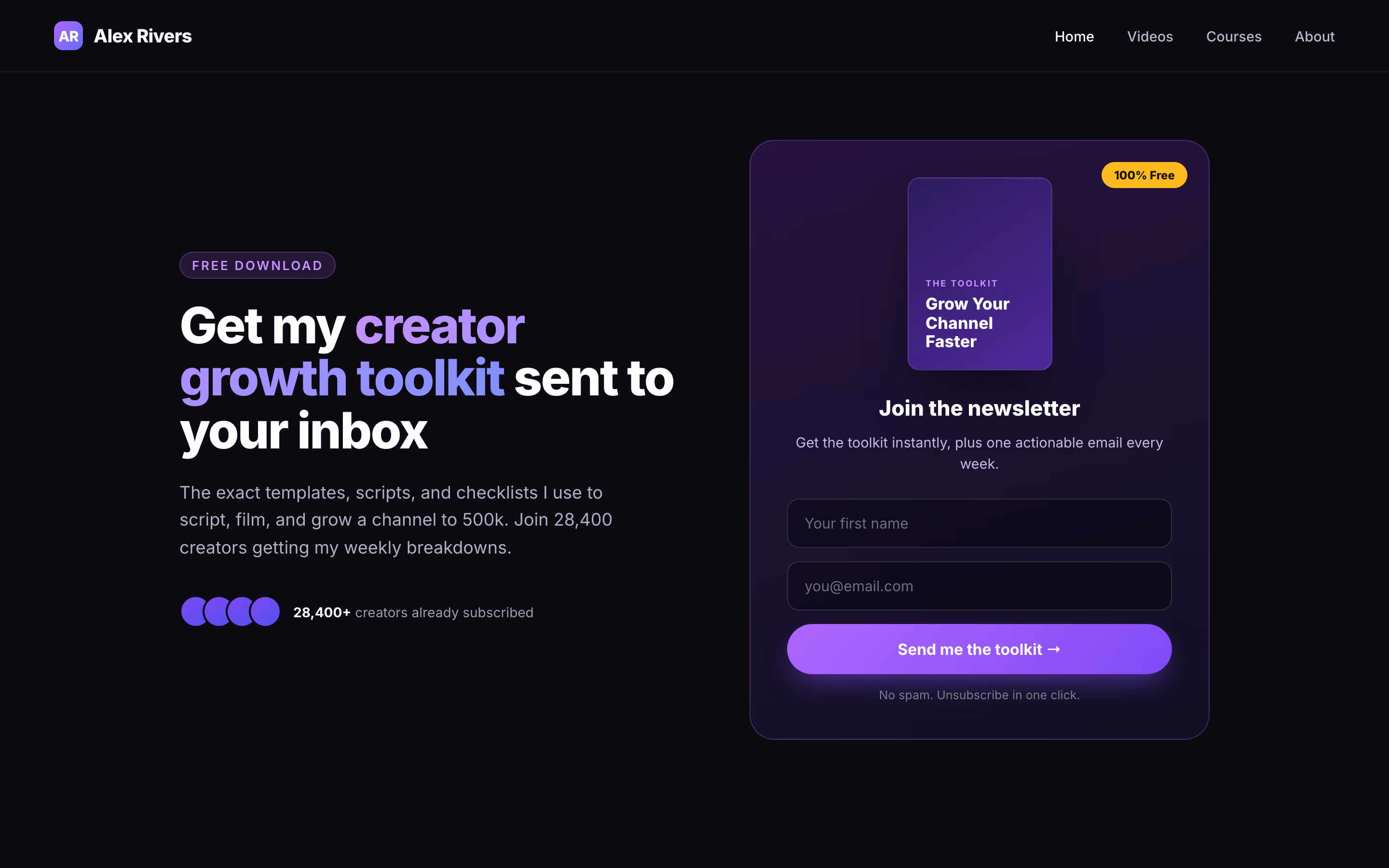 Example creator website with a newsletter signup form capturing emails