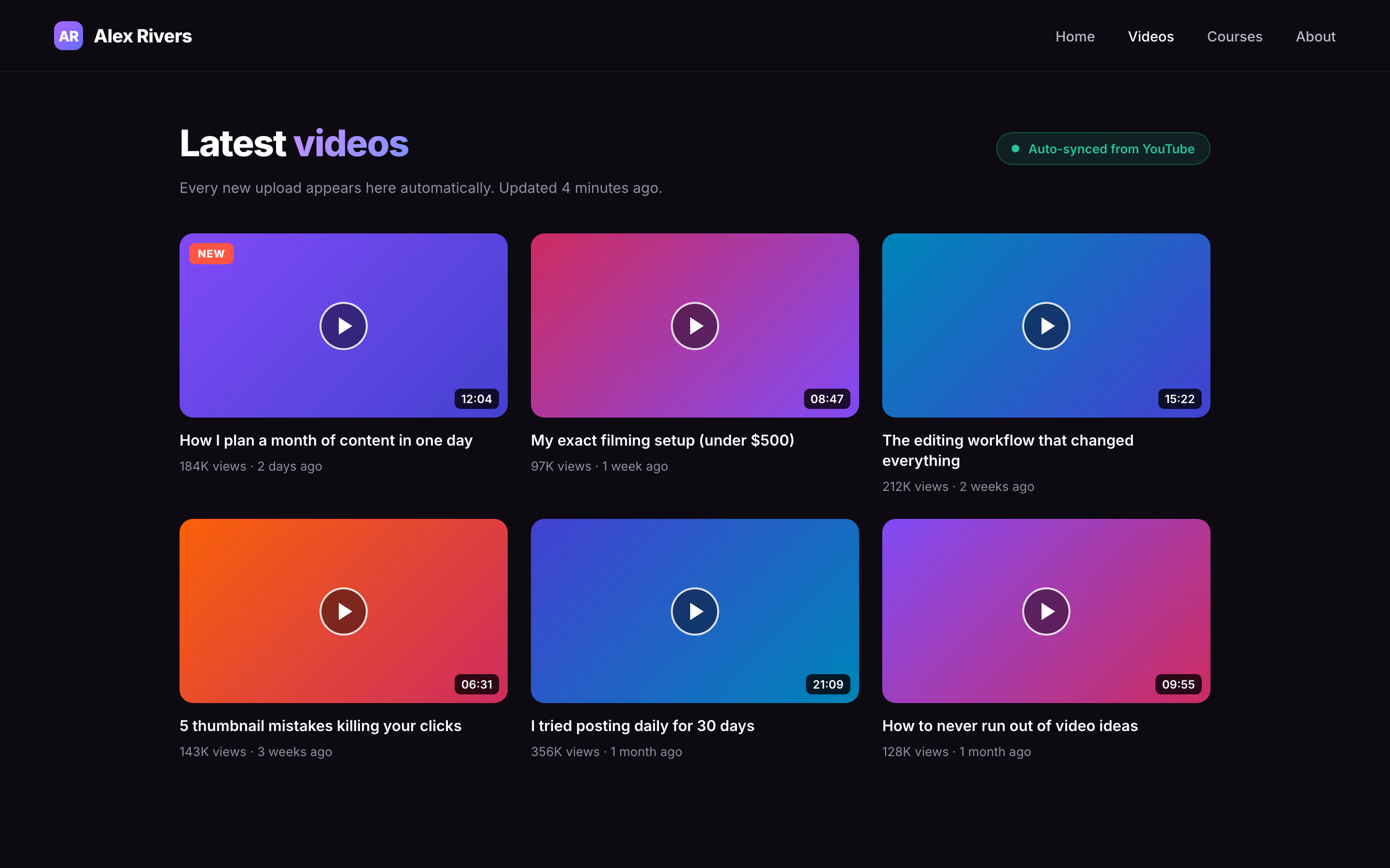 Example creator website with a video grid auto-synced from YouTube