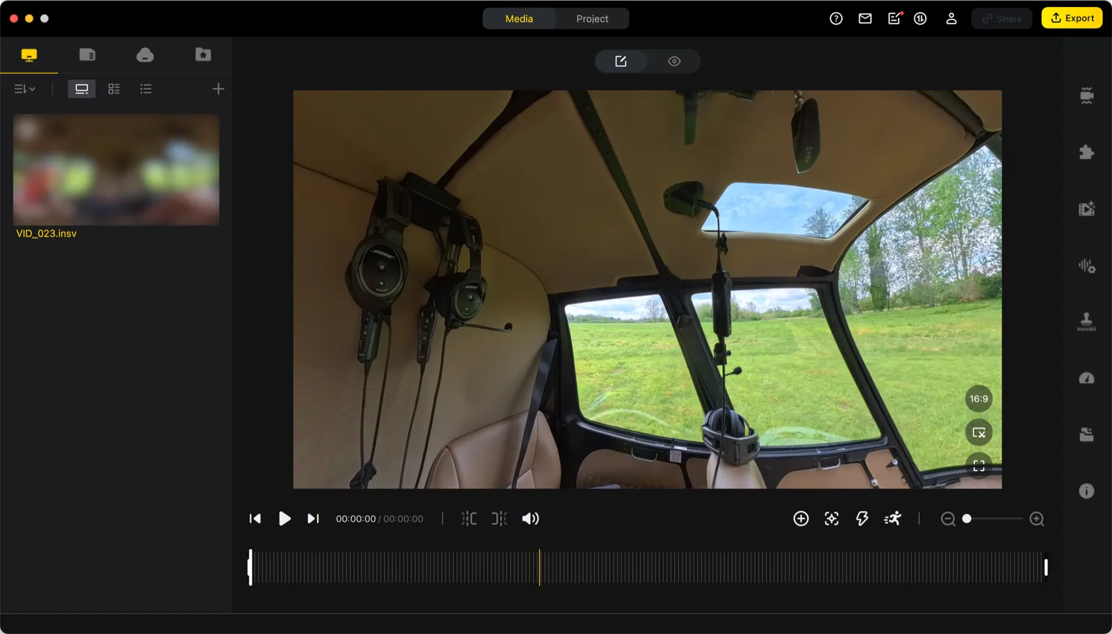 Reframing a 360 video clip inside Insta360 Studio, guiding the virtual camera through the immersive sphere to a 16:9 export